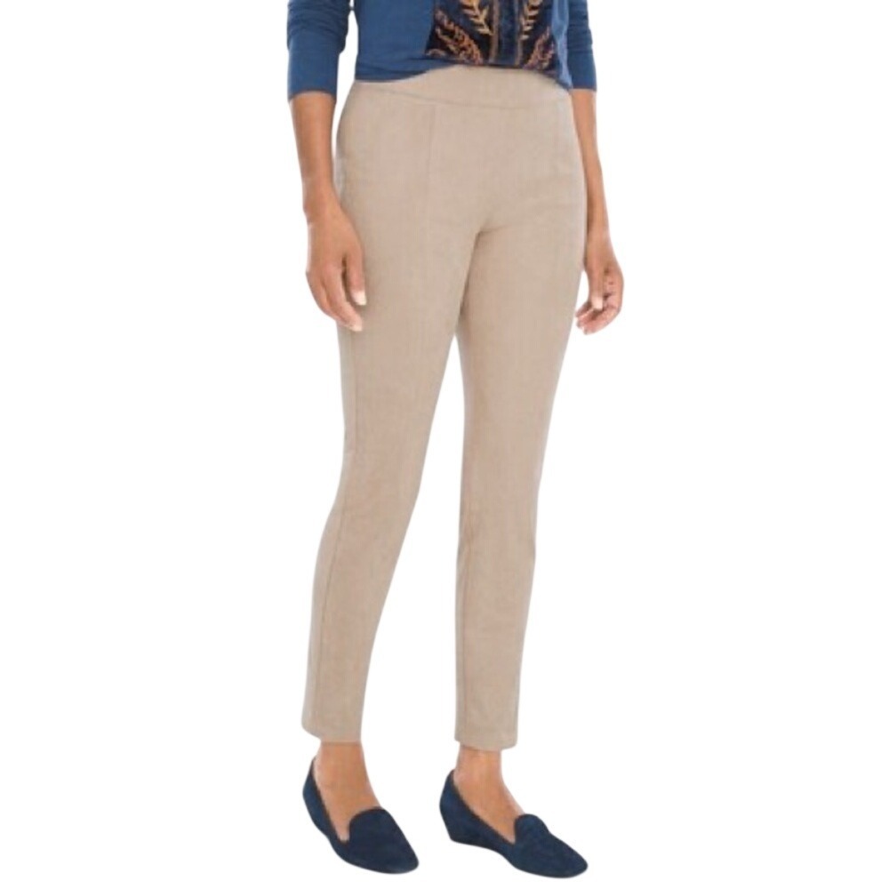 Chicos Zenergy Size 1 US M 8 Beige Tan Trisha Faux Suede Pull On Leggings Fall